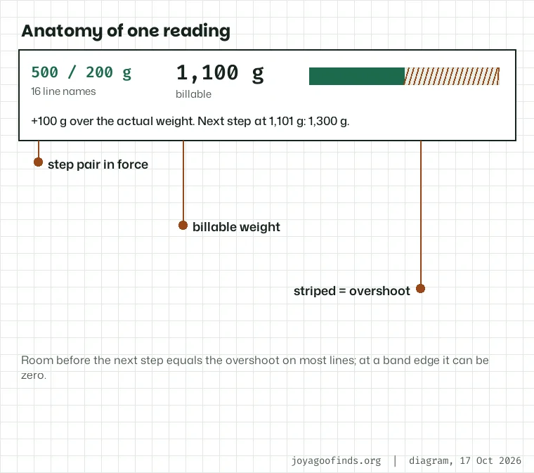Annotated finder reading for the 500 and 200 gram pair at 1,000 g: step pair, billable weight 1,100 g, a bar showing 100 grams added, and the next change at 1,101 g.