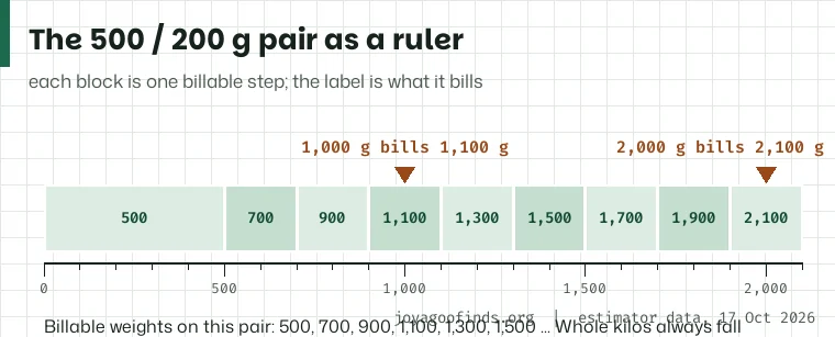 Ruler from 0 to 2,000 g with the billable steps of the 500 and 200 gram pair drawn as blocks: 500, 700, 900, 1,100, 1,300, 1,500, 1,700, 1,900 and 2,100.